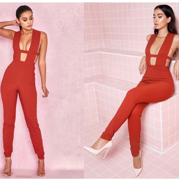 House Of CB, 'Alexis' Rust Extreme Plunge Crepe Jumpsuit - Picture 2 of 11